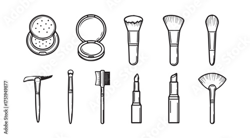 Collection of hand-drawn makeup cosmetics brushes lipstick powder puff and applicator tools vector