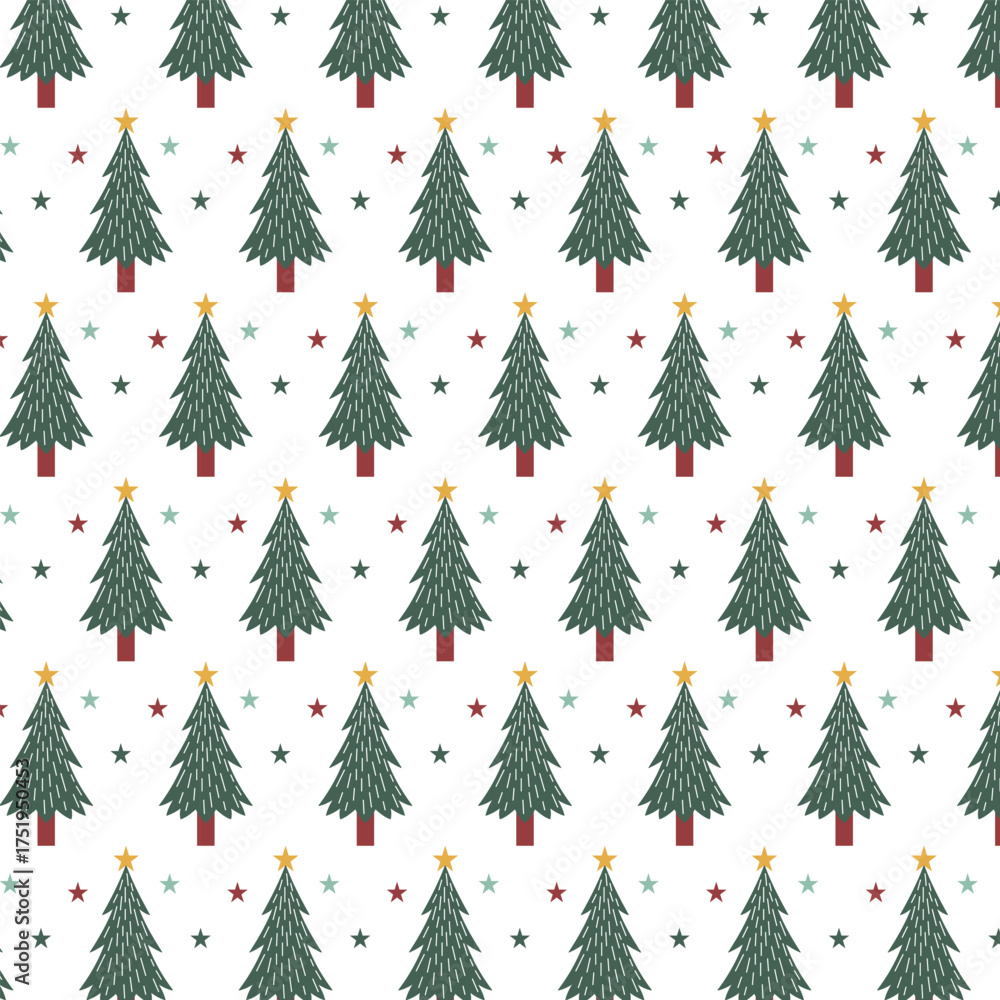 Obraz premium Vector art of seamless pattern of green christmas trees with stars
