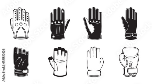 Collection of diverse hand gloves and mittens isolated line art and solid icons vector