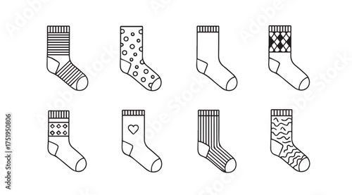 Collection of hand-drawn cozy socks with various patterns for comfort and style vector