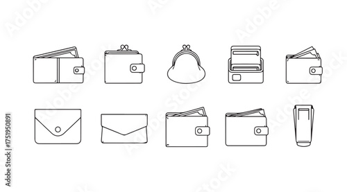 Collection of diverse wallet and envelope icons line art style for financial and business use vector