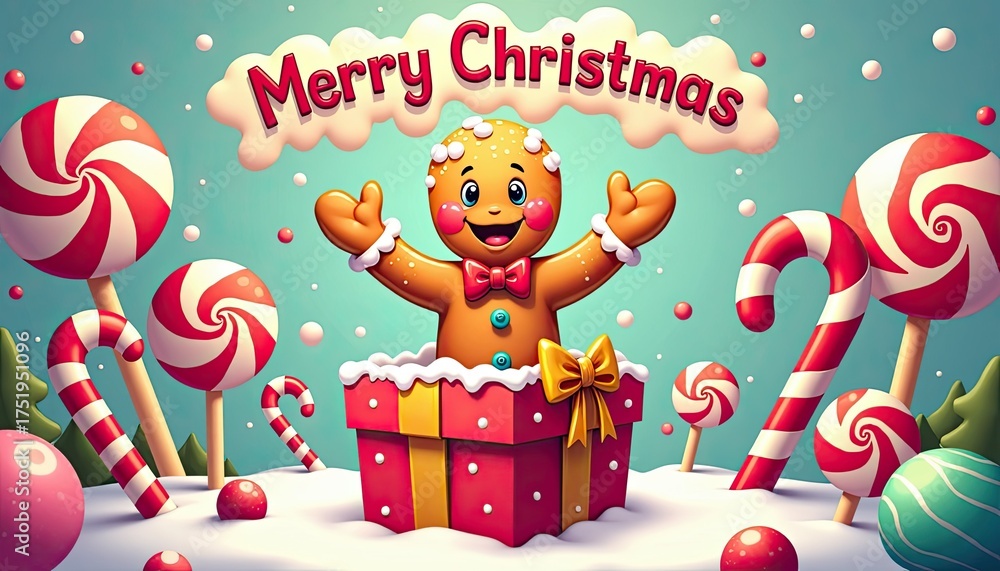 Naklejka premium A cheerful gingerbread man pops out of a gift box surrounded by festive candy canes and lollipops, with merry christmas text in the, creating a sweet holiday scene