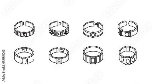 Collection of eight detailed hand-drawn style ring clips and fasteners for industrial applications vector