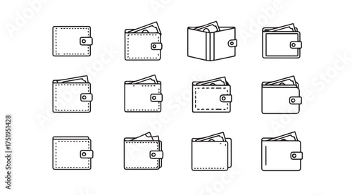 Set of hand drawn wallet icons money cash bills pockets finance business personal accessories collection vector