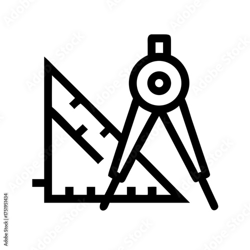 Set of overlapping vector drawing tools compass protractor ruler for engineering and design