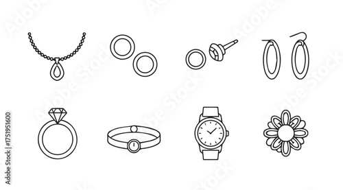 Collection of elegant jewelry sketches including rings bracelets necklaces earrings watches vector