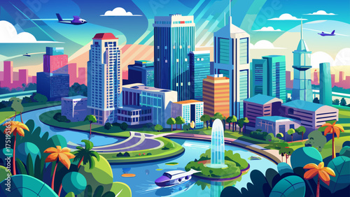 Very beautiful aerial drone view of downtown Orlando, Florida, USA, featuring modern skyscrapers, shimmering lakes, and lush urban greenery under a bright sunny sky.
