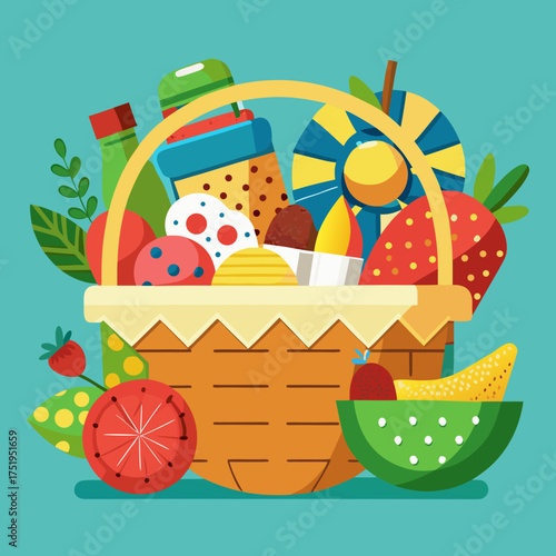 Vector illustration of a festive picnic basket overflowing with delicious treats and easter eggs