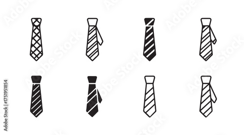 Collection of eight hand-drawn style ties featuring various patterns and stripes for men's fashion vector