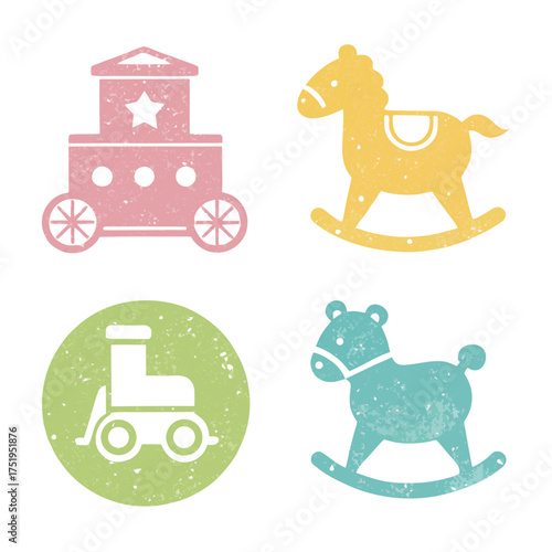 Cute vector illustrations of classic toys including a train rocking horse and roller skates
