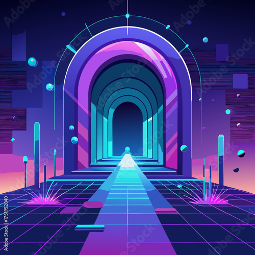 Futuristic neon archway portal with glowing spheres and geometric patterns in a sci-fi landscape