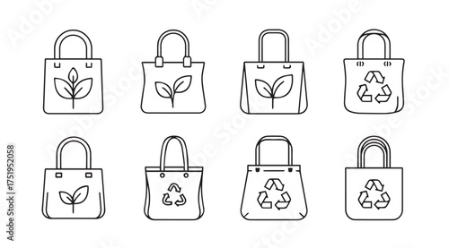 Eco friendly shopping bags with leaf and recycle symbols hand drawn style for sustainable lifestyle vector