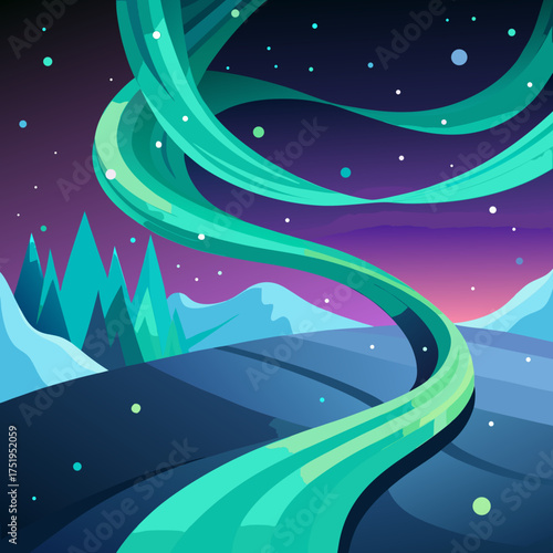 Vibrant aurora borealis swirls over abstract mountainous landscape vector illustration