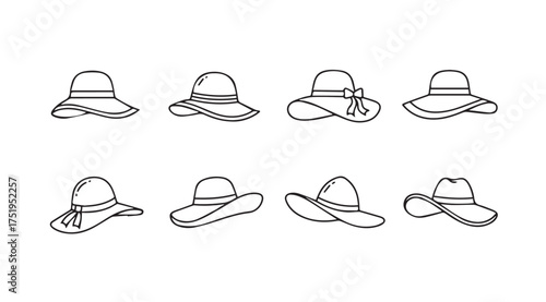 Collection of hand drawn elegant wide brim summer hats for women fashion style outlines vector