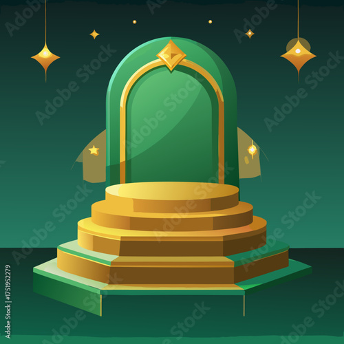 Golden throne podium with emerald arch and glowing stars on green background