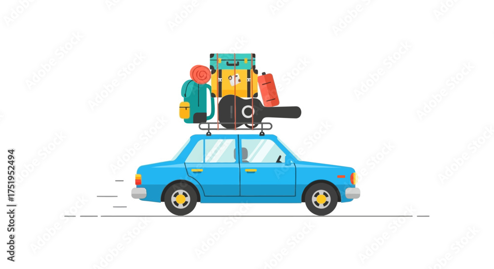 Fototapeta premium Bright blue car overloaded with travel luggage on its roof, ready for an exciting summer road trip adventure across the open highway, a perfect symbol of vacation and freedom