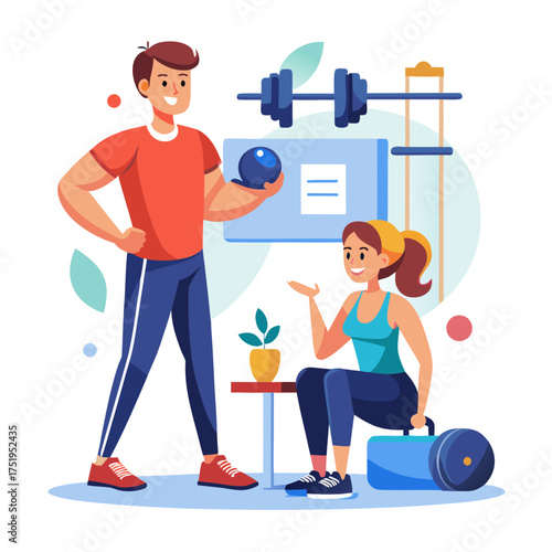 Fitness instructor guiding woman through workout session with weights and gym equipment