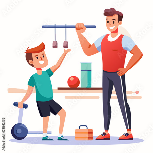 Father and son exercising together promoting healthy lifestyle and family fitness vector illustration