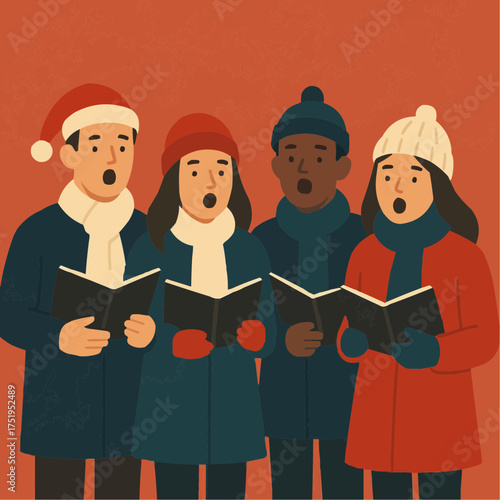 Joyful carolers sharing holiday spirit with festive songs and warm smiles