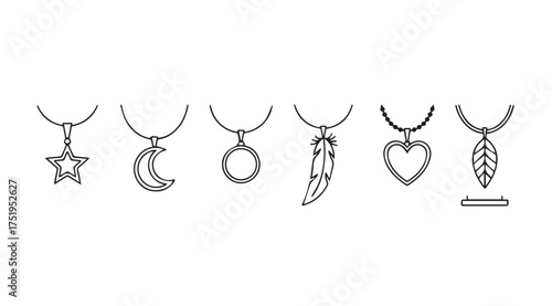 Collection of hand-drawn delicate pendant charms including star moon heart feather and leaf designs vector