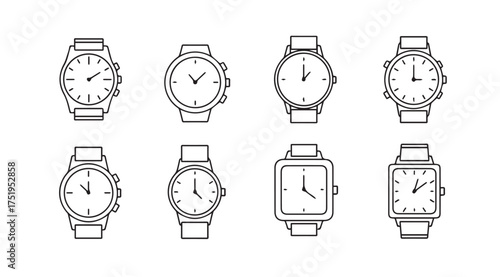 Collection of hand drawn sketch style wristwatches different designs and shapes displayed together vector