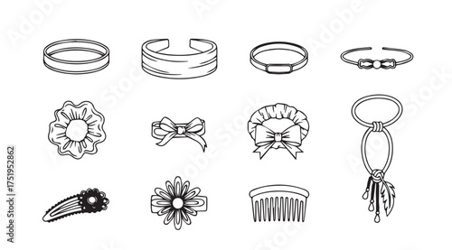 Collection of delicate hand-drawn hair accessories and jewelry for fashionable styling vector