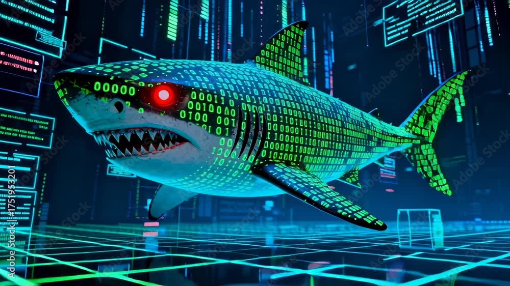 Shark covered in binary code with glowing red eye swimming through ...