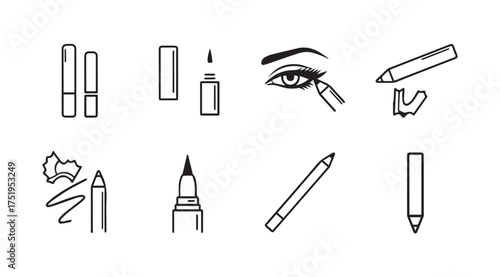 Hand drawn sketch icons set for eyeliner makeup application tools beauty cosmetic products vector