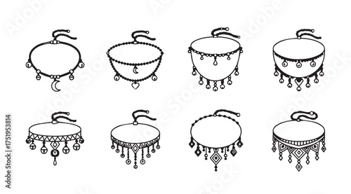 Ornate hand drawn circular frames with tassels and dangling ornaments decorative elements vector