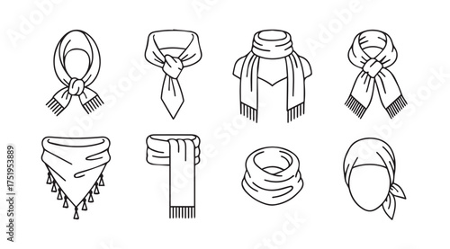Collection of eight hand-drawn fashion scarves and head wraps demonstrating various styling techniques vector