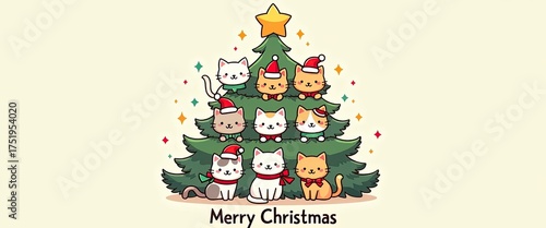 Cute cartoon cats wearing santa hats and scarves are arranged on a christmas tree, wishing merry christmas with a star on top and festive confetti
