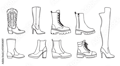 Collection of diverse boot styles hand drawn sketch line art fashion footwear vector