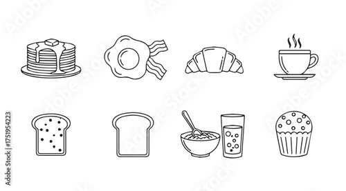 Set of eight hand-drawn breakfast food icons including pancakes eggs croissant coffee toast cereal and muffin vector