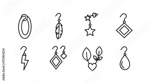 Set of eight hand-drawn artistic jewelry icons representing earrings with diverse stylish designs vector