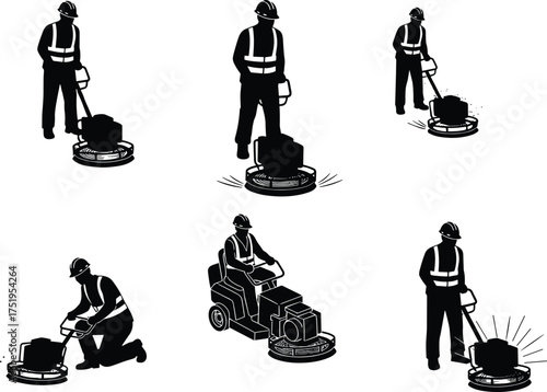 Construction compactor operator icons, soil and asphalt compression, ride-on roller silhouette, kneeling worker, safety gear illustration, black vector, site preparation tools