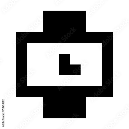 A minimalist black and white icon representing a digital watch face with hands.