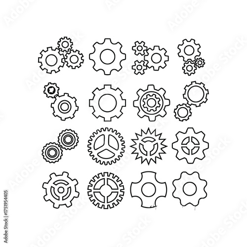 Set of 20 black and white gear and cogwheel illustrations with varied tooth shapes and internal cutouts for mechanical design themes