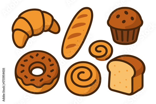 Assortment of freshly baked goods including croissant baguette donut muffin and bread loaf