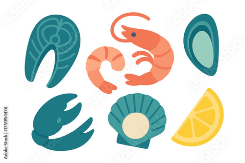 Set of raw seafood ingredients including fish steak shrimp crab claw mussel scallop and citrus fruit