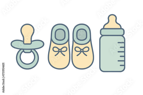 Collection of essential baby care items including pacifier, booties, and feeding bottle