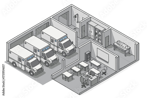 Isometric floor plan of emergency response facility with ambulance parking, training room, and staff office