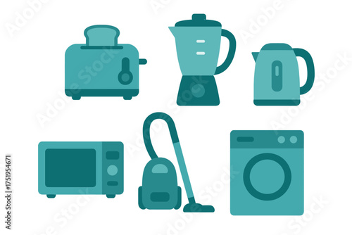 Essential household appliances and kitchen electronics set in modern flat design