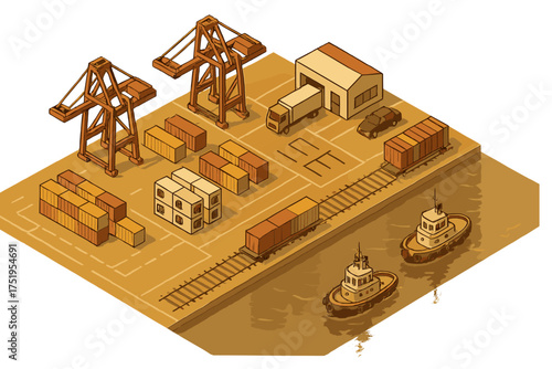 Busy seaport terminal with gantry cranes, shipping containers, and transport vehicles
