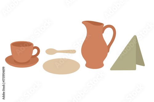 Rustic terracotta and beige tableware collection including pitcher cup plate and spoon