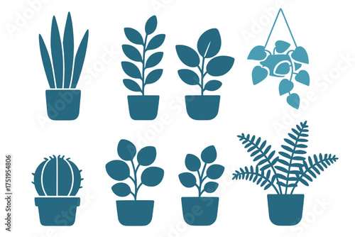 Set of minimalist flat design icons featuring various potted indoor houseplants