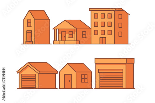 Various residential houses, multi-story apartment building, and storage garages architecture collection