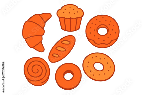 Orange baked goods collection featuring croissant, muffin, bread, and donuts