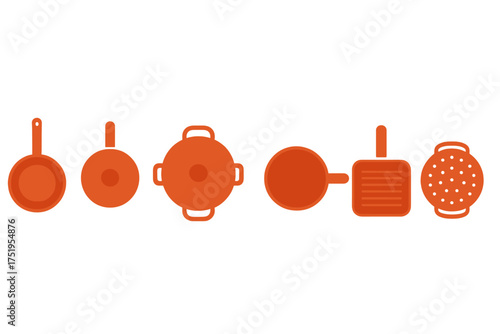 Minimalist flat design collection of orange kitchen cookware items including pans, pots, and colander, viewed from above