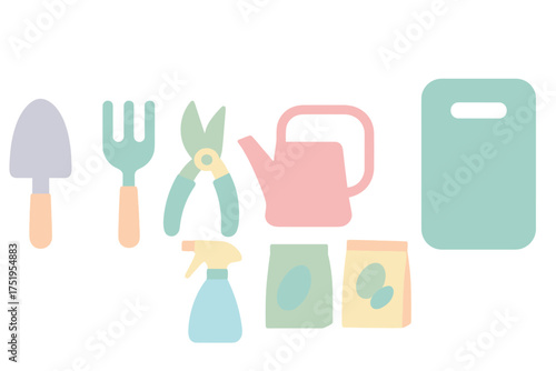 Set of essential gardening tools and supplies including trowel fork pruners and watering can in pastel colors