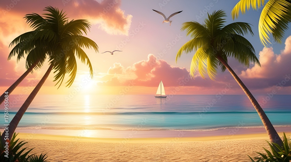 Fototapeta premium A Serene Sunrise Over Tranquil Waters — Peaceful Golden Sky Reflecting Nature’s Calm Beauty